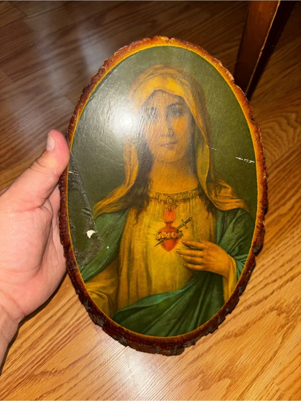 Vintage Sacred Heart of Mary Wall Hanging on wood slice religious decor